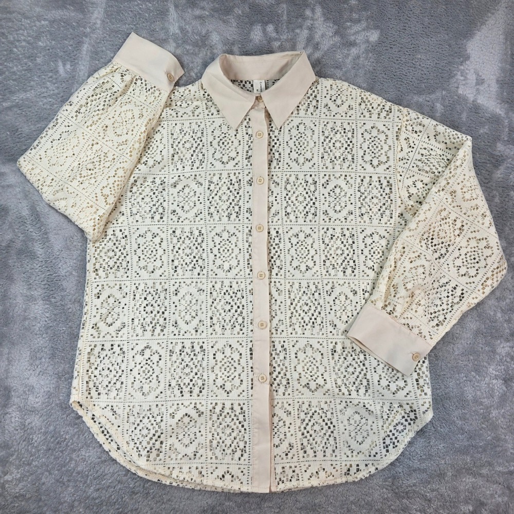 Commense Geometric Crochet Lace Button Down Shirt Cream Beige Medium Womens FLAW